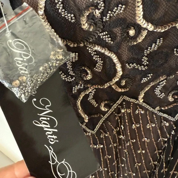 Pisarro Nights Beaded Mesh midi Gown 3/4 sleeve 2P - Picture 9 of 10